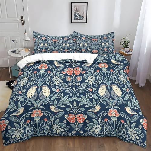 Image of XCQHZYQ Duvet Cover Sets King Size 220x230 cm William Morris Strawberry Thief Printed Duvet Cover Sets with Zipper Closure + 2 Pillowcases, Soft Hypoallergenic Polycotton Quilt Cover Bedding Sets