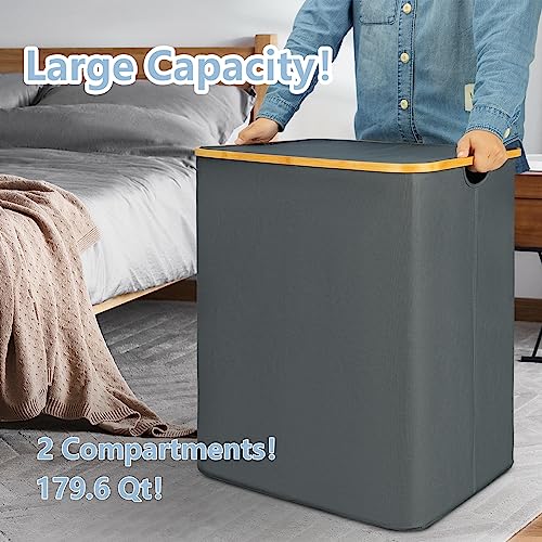 Graciadeco 170L Double Laundry Basket With Lid Foldable Extra Large 2 Compartment Laundry Hamper With Handles Dirty Clothes 2 Section Hamper For Laundry Bamboo Bathroom Bin Bedroom Closet, Grey #TOP2
