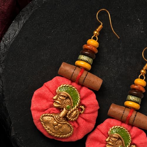 Image of Royal Queen & Empress Handcrafted Tribal Dhokra Earrings Collection for Women - Wooden, Fabric & Round Statement Ethnic Designs in Multiple Colours