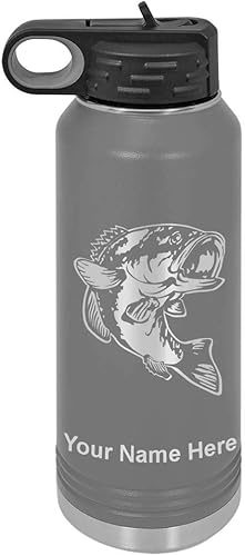 LaserGram Botella de agua con tapa abatible de doble pared de 32 onzas con pajita, pez bajo, grabado personalizado incluido (gris)