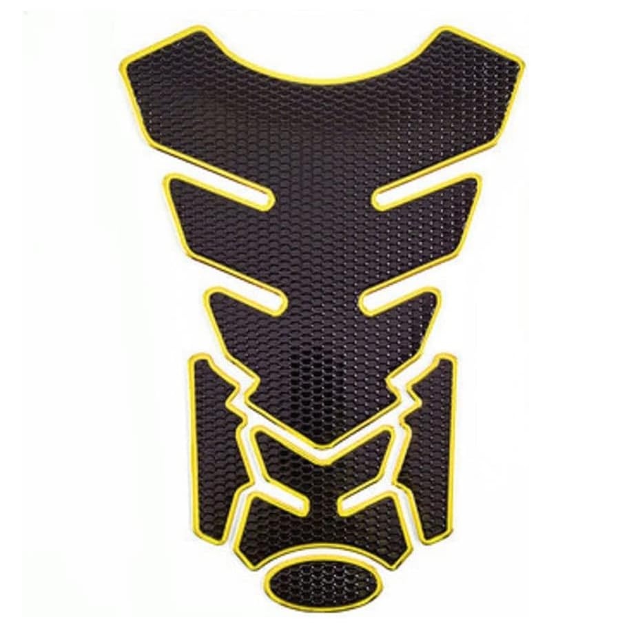 Protector deposito moto, Protector tanque combustible Moto, Adhesivo protección depósito moto, 20x14 cm, Compatible con Honda Kawasaki Aprilia BMW Yamaha Suzuki, Fibra carbono borde amarillo