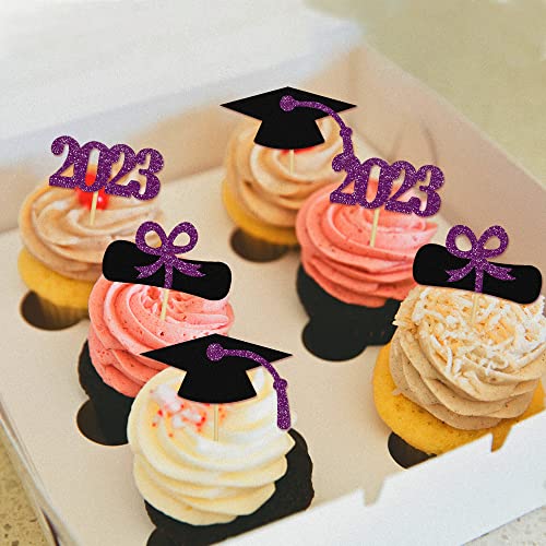 48 Pcs 2023 Graduation Cupcake Toppers, Purple Glitter Graduation Cupcake Decorations Class Of 2023 Grad Cake Toppers Food Picks For Graduation Party Supplies #TOP3