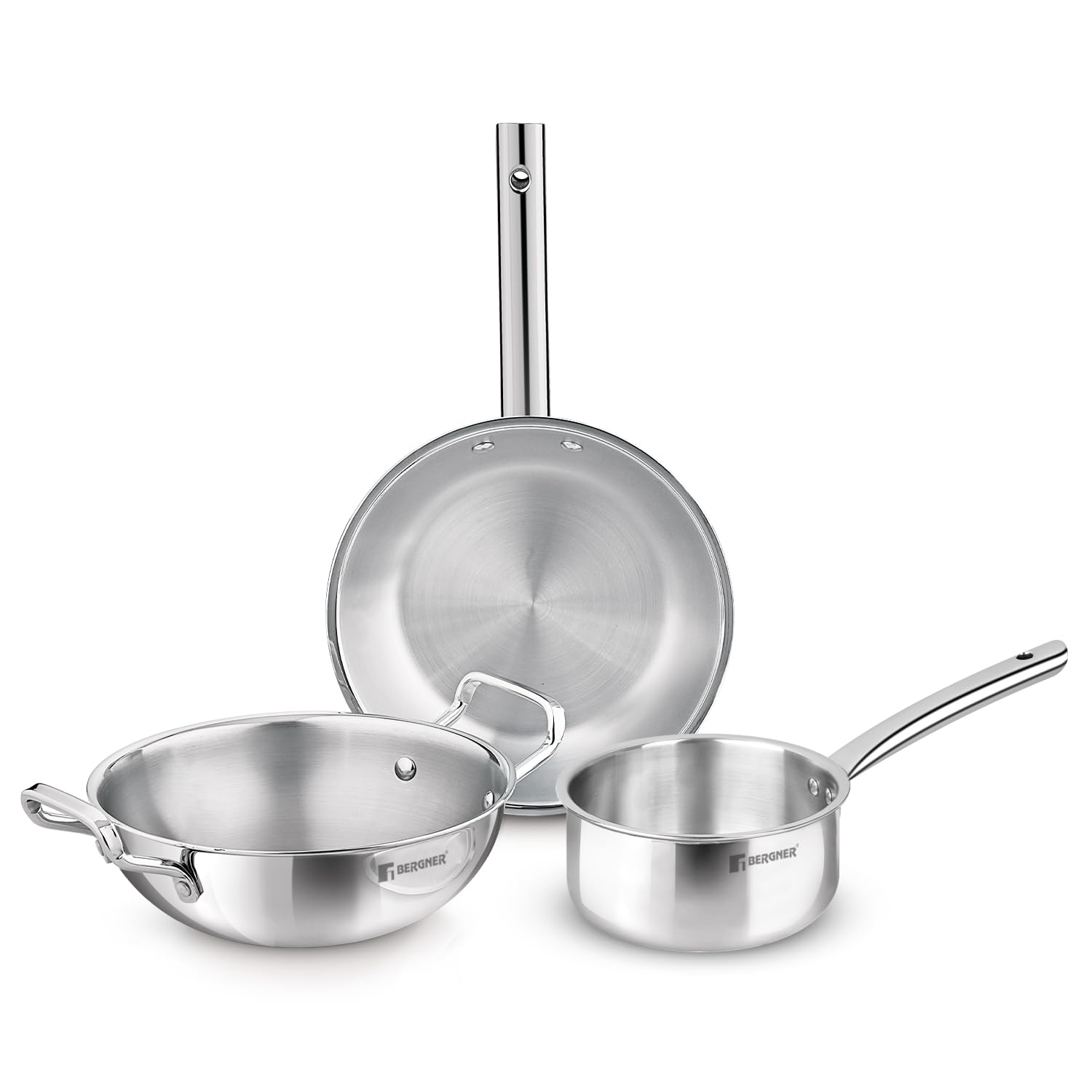 Bergner TriPro 3 Pcs Tri-Ply Stainless Steel Induction Bottom Cookware Set - 22cm (2L) Kadai and 22cm (1L) Frypan, 14cm (1.1L) Teapan, Less Oil Use, Easy to Clean - Induction and Gas Stove Ready