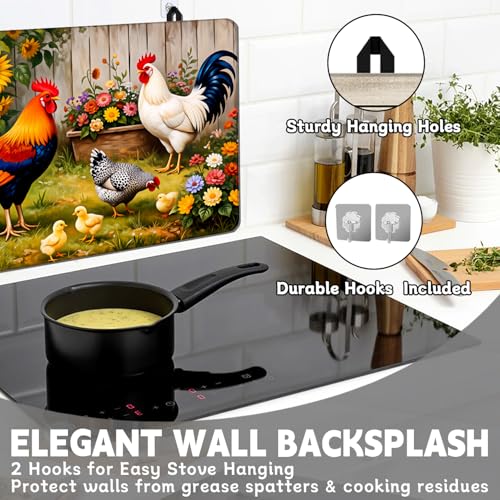 Image of Stove Top Cover for Electric Stove 28 inchx 20 inch, Vintage Farm Roosters Chicken Sunflower Heat Resistant Glass Top Stove Cover Protector, Glass Cooktop Covers, Kitchen Electric Flat Stove Top Covers