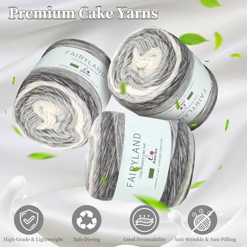 Image of Aeelike Gradient Yarn for Crocheting, 3 Skeins Cake Yarns 100g (3.52 oz) 245m (267 Yards) # 3 Light Weight - Super Soft Ombre Fairyland Yarns for Making Colorful Crafts, Grey White Gradient