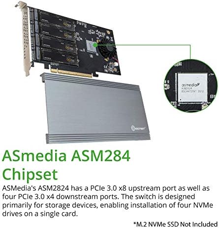 Syba Quad M.2 NVMe Ports to PCIe 3.0 x16 Interface x8 Bandwidth Bifurcation Riser Controller - Support Non-Bifurcation Motherboard (SI-PEX40157)