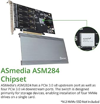 Syba Quad M.2 NVMe Ports to PCIe 3.0 x16 Interface x8 Bandwidth Bifurcation Riser Controller - Support Non-Bifurcation Motherboard (SI-PEX40157)