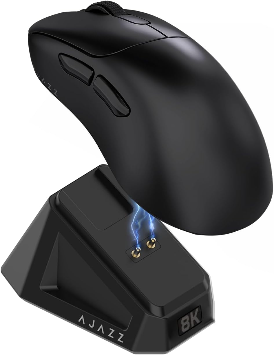 AJ179PRO PAW3395 26000 DPI Gaming Mouse, 8000Hz Polling Rate, 58g Ultra-Light, Tri-Mode (2.4G/Wired/Bluetooth 5.2), Magnetic RGB Charging Dock, Ergonomic Right-Hand Design, Black