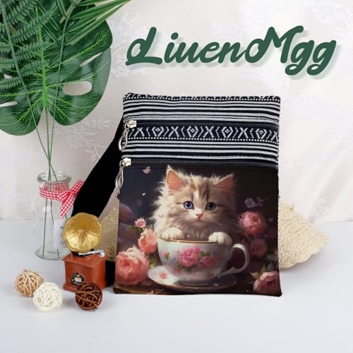 Butterfly Cup Cat Messenger Bag Small Ethnic Pattern Printed Adjustable Strap Crossbody Zipper Bag Butterfly Cup Cat Phone Bag Wallet Cute Shoulder Handbag for Women -3 5