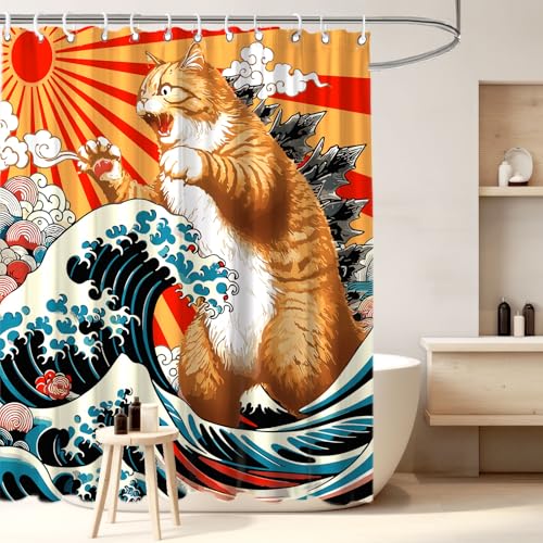 Image of Funny Japanese Cat Shower Curtain, Vintage Orange Cat Japan Anime Ocean Wave Waterproof Shower Curtain with Hooks, Funky Animal Sun Fabric Shower Curtains Kids Bathroom Decor 72X72inches