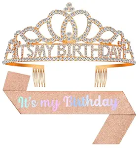 Birthday Tiara and Crown with Sash, Birthday Tiara for Women Party Rose