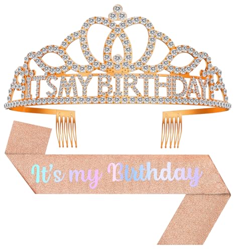 Birthday Tiara and Crown with Sash, Birthday Tiara for Women Party Rose