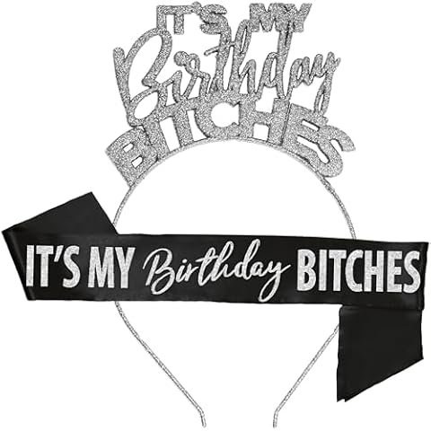 RhinestoneSash Birthday Sash and Crown - SET OF 2: Silver It's My Birthday Bitches Black Satin Sash & Silver Sparkle Headband - Birthday Gifts for Women - HBSash(ItMyBdyBtch) SLV/Blk Cover