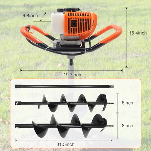 Image of 62CC Newly Upgraded Post Hole Digger Gas Powered, 2 Stroke Auger Post Hole Digger with 2 Drill Bits (6 inch & 8 inch) + 1 Extension Rod for Planting - Ideal for Farm & Garden - Orange (62 CC)