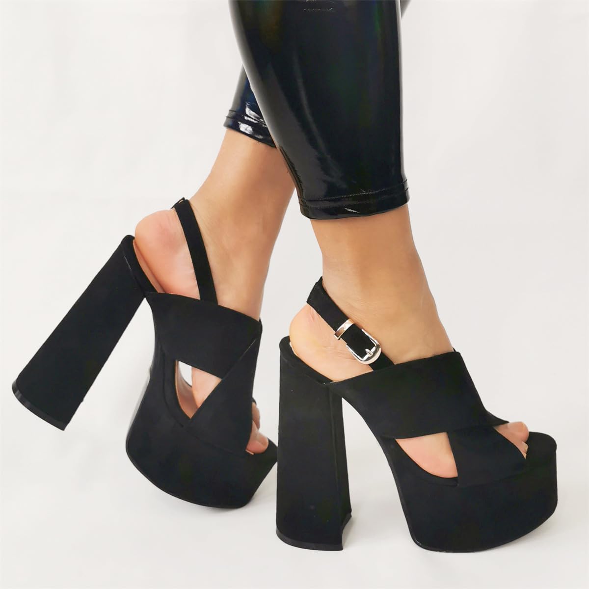 Sandali Donna con Piattaforma Antiscivolo e Punta Aperta | Tacco Largo 15 cm | Scarpe da Festa per Balli in Discoteca e Matrimoni all'aperto