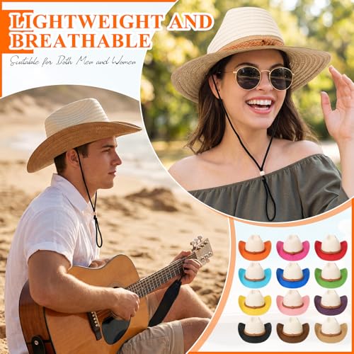 Image of JaGely 12 Pcs Straw Cowboy Hats for Women Men, Wide Brim Summer Hat Bulk Sun Protection for Western Themed Party