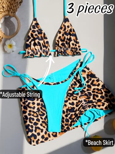 Image of ShawGobow Womens 3 Piece Leopard Bikini Set,Triangle String High Cut Thong Sexy Swimsuit & Coverup Skirt,Pool Party Outfit