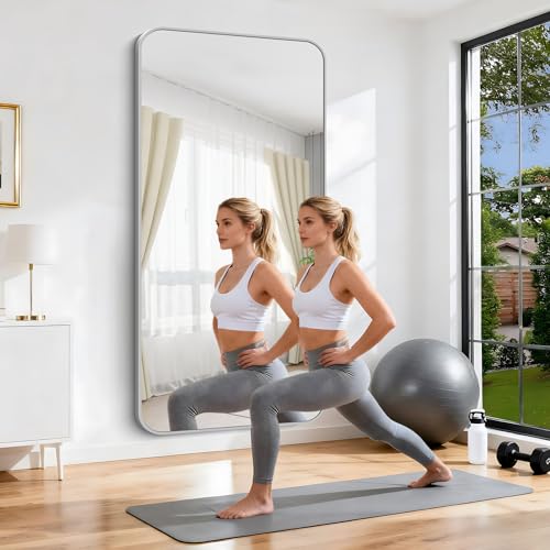 Image of Silver Bathroom Mirror, 72 x 36 Inch Large Rectangle Mirror, Rectangular Vanity Mirror Aluminum Metal Frame, Rounded Corner Wall Mirror for Living Room Bedroom Entryway Horizontal /Vertical