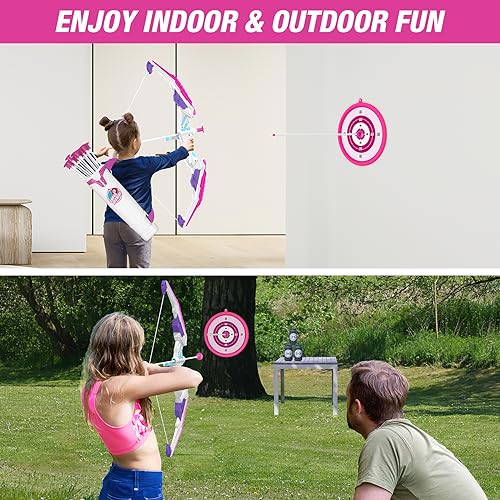 HYES Bow and Arrow for Kids, LED Light Up Archery Set with 12 Suction Cup Arrows, 1 Hanging Target, 3 Score Targets, 1 Quiver, Indoor Outdoor Sport Gifts for Boys Girls Ages 4-12, Purple - Image 4