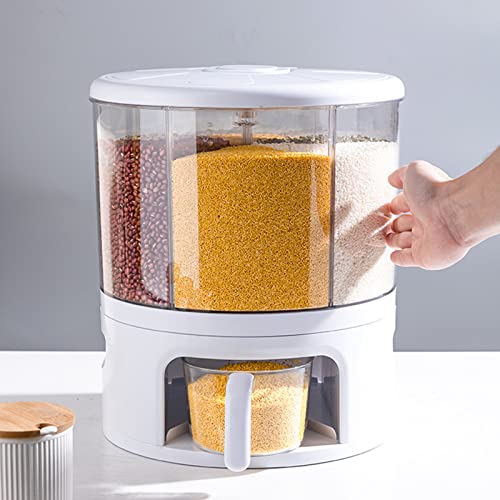 PIOJNYEN Grain Dispenser, 360° Rotating 6 Grid Food Dispenser, 24lb Rice and Grain Storage Container, One-Click Rice Output, Round Multigrain Tank Cup Grain Storage Tank for Home Kitchen