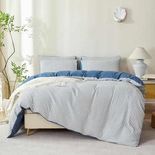 Image of Denim Blue Striped Comforter Set King - 3 Pieces Bedding Comforter Set for All Season, Soft Lightweight Washed Microfiber, 1 Striped Comforter and 2 Pillowcases (Denim Blue, King Size)