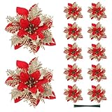 Christmas Artificial Glitter Flowers with Stems, 12 Pieces Xmas Poinsettia Flowers Wreath Ornaments for Christmas Tree Garland Wreath Decoration, New Year, Wedding Party (Red Gold) - Image 1