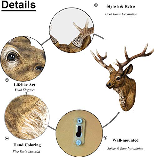 Rtggsel Retro Faux Stag Wall Mount Mule Deer Simulated Resin Taxidermy Animal Head Ornament Fake Deer Head Sculpture Wall Decor (16.9" X 15.7" X 9.8" #TOP2