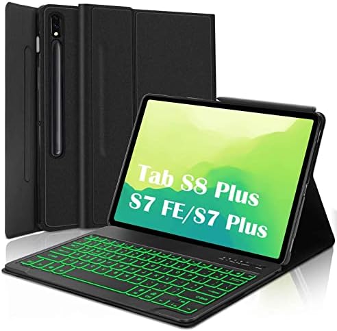 Samsung Galaxy Tab S8+ /S7 FE Case with Keyboard 12.4 Inch, Detachable Wireless Bluetooth Backlit Keyboard & Slim Smart Cover with S Pen Holder for Galaxy Tab S8+ 2022/S7 FE 2021/S7 Plus 2020, Black
