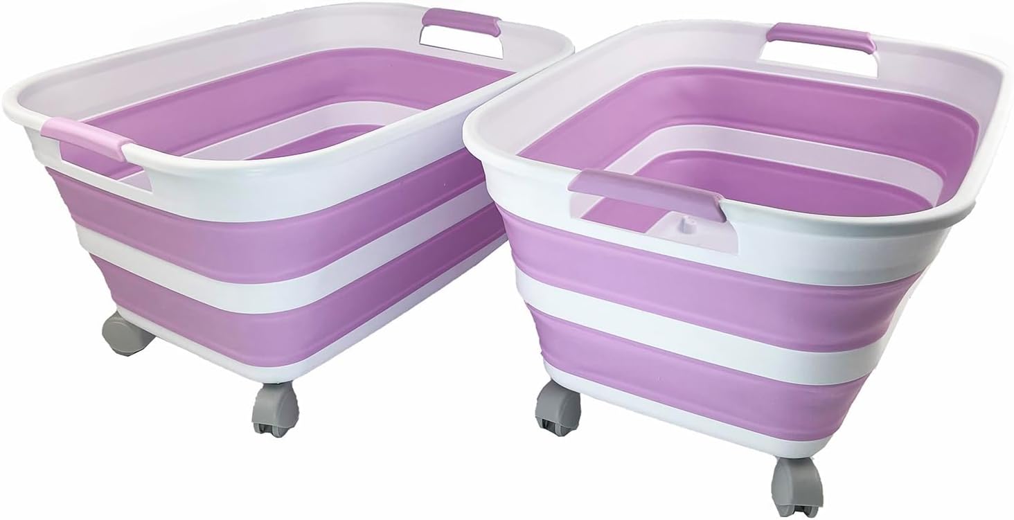 SAMMART 27L (7.1 Gallons) Collapsible Plastic Laundry Basket with Handle and wheels -Foldable Pop Up Storage Basket with handle (White/Pale Purple/White (Set of 2))
