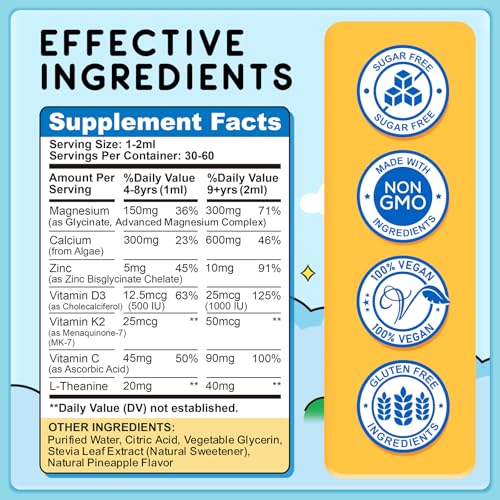 Image of Kids Magnesium Liquid Drops - Magnesium Glycinate Liquid for Kids, Magnesium Supplement with L-Theanine, Calcium, Zinc, Vitamin D3 K2 for Sleep Calm Relaxation Brain Bones, Pineapple Flavor 2 Fl Oz
