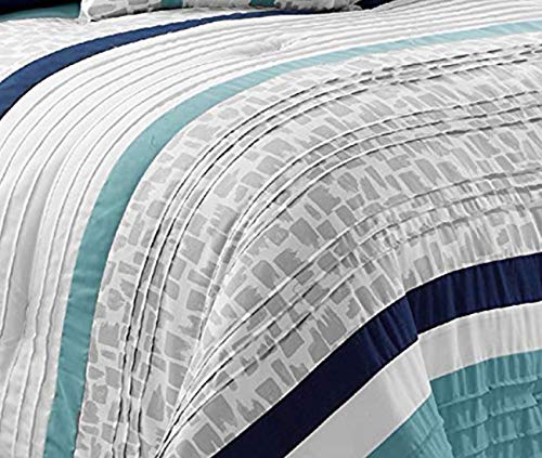 Jbff Oversize 7 Piece Luxury Stripe Bed In Bag Microfiber Comforter Set (King, Blue) #TOP1