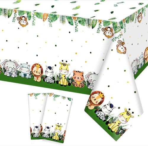 2Pieces Jungle Safari Tablecloths Animal Print Table Cover, Sage Green Baby Shower Decorations Zoo Birthday Party Supplies for Boys Kids Plastic Table Cloth 108×54 Inch (Wild Animals)