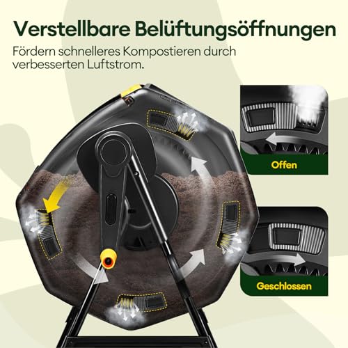Maygrove Komposter Garten 200L Schnellkomposter mit 2 Großen Kammern und Schiebetüren Trommelkomposter 360°-Drehung mit Stabilem Stahlrahmen für Küchen- & Gartenabfälle