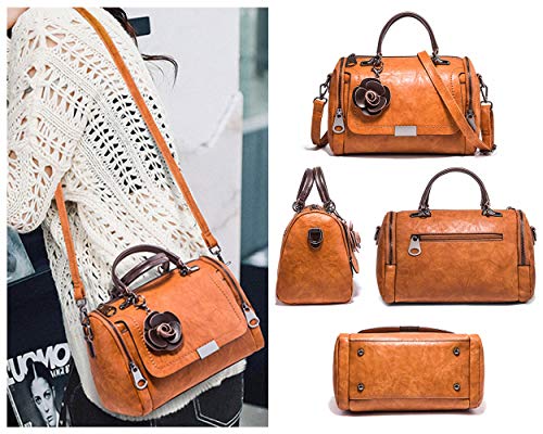 Boston Bags For Women Medium Top Handle Satchel Brown Round Purse Flower Leather Handbag #TOP3