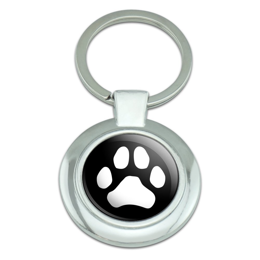 GRAPHICS & MORE Paw Print Dog Cat White on Black Keychain Classy Round Chrome Plated Metal