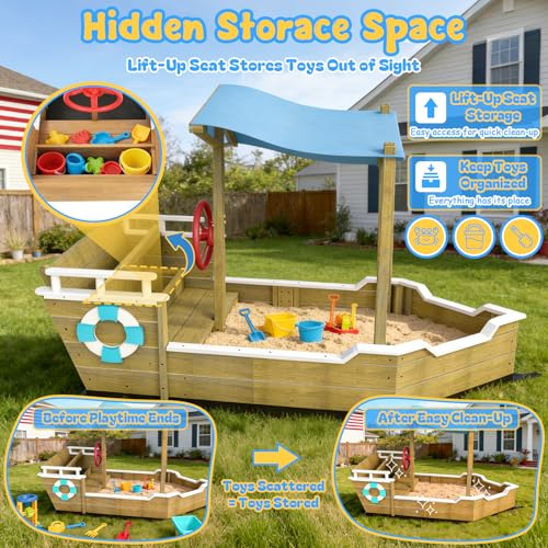 Ketive Wooden Sandbox for Kids Outdoor Ship-Shape Sandboat with Oxford Canopy Cover, Bench Seats with Hidden Storage, Plastic Steering Wheel, Metal Reinforced, Backyard Lawn Garden(63\"Lx27.8\"Wx40.9\"H)