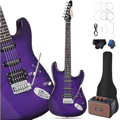 Leo Jaymz 39" Full Size ST Style Electric Guitar Starter Kit with SSH Pickup, 5W Portable Amp, Tuner, Gig Bag, Strap & Accessories (Violet Flame)
