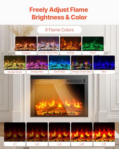 Image of VEVOR 28.5 inch Electric Fireplace Insert, Recessed & Wall-Mount, 5000BTU Indoor Heater with Adjustable Realistic Flame Colors & Brightness, 8h Timer, Tempered Glass, 750W /1500W Dual Heat, Black
