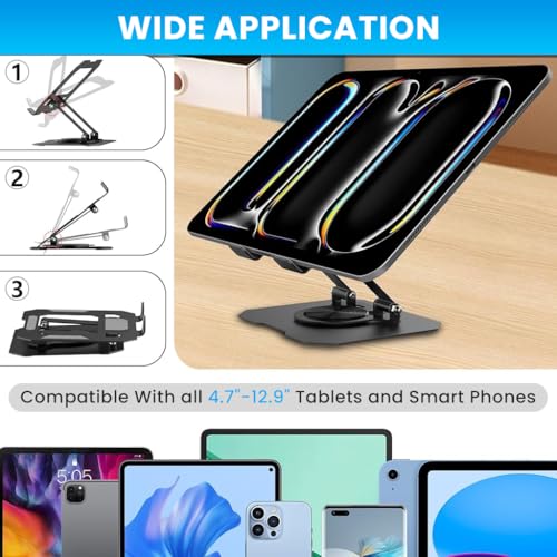 Image of ZIBUYU Universal Metal Phone & Tablet Stand Holder - Foldable & Adjustable 360 with Cooling Base for iPhone, Samsung, iPad (4.9-12.9 inch) Portable Desk Stand for Office, Study & Home Use, Black
