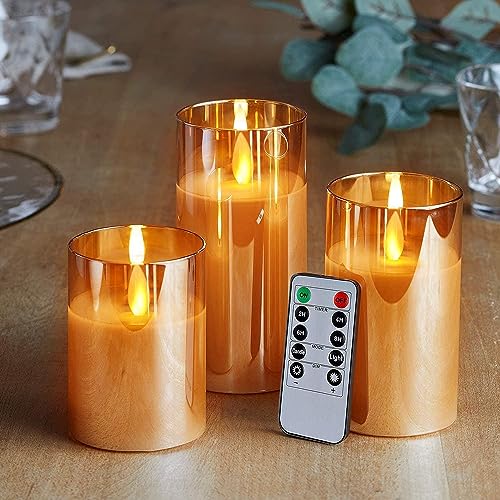 Image of Desidiya Flameless LED Candles Light with Remote Control and Timer - Golden Acrylic Fiber Glass, Battery Powered - Ideal for Home, Festival, and Wedding Decor - Set of 3