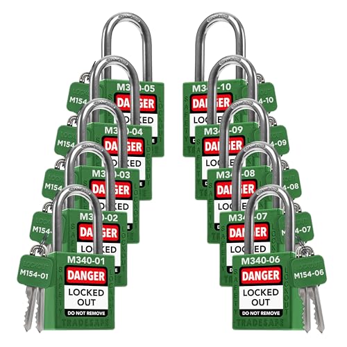 Image of TRADESAFE Lockout Tagout Locks Set with Master Keys - 10 Green Loto Locks Keyed Different, OSHA Compliant Lock Out Tag Out Padlocks for Lockout Tagout Kit, 2 Keys Per Lock