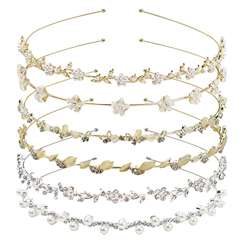 6 Pack Crystal Flower Headbands Faux Pearl Rhinestones Hairbands Headdress Wedding Party Hair Hoop Band Hairband Beaded Headbands Gold Sliver Metal Headbands Hair Accessories for Women Girls Teens Bride Bridesmaids…
