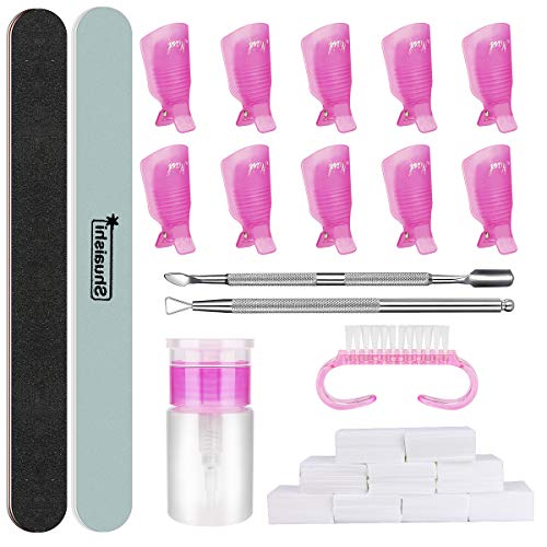 Jhua Gel Nail Polish Remover Tool Kit with 432pcs Cotton Nail Polish Remover Pads, Nail Clips, Nail Polish Remover Bottle, Nail Brush, Cuticle Pusher, Cuticle Peeler, 100/180 Nail File, Buffer Block