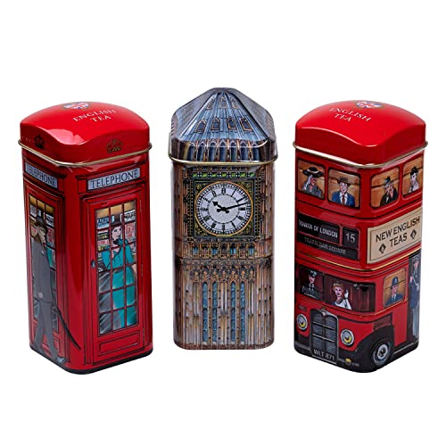 New English Teas English Icons 3x Tea Tin Gift Pack with 42 Traditional Teabags - Big Ben, London Bus and Phone Box, UK Souvenir
