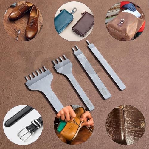 Image of Leather Stitching Punch 4 Pack 4mm | 1 /2 /4 /6 Prong Leather Stitch Punching Chisel Set | Diamond Tip Leatherfork Punch | Leathers Hole Punchs Tool for Sewing, DIY Craft, Wallet, Belt