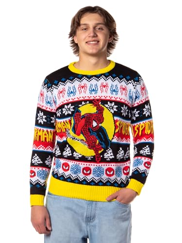Marvel Disney Mens Spider-Man Spidey Jump Adult Ugly Christmas Pullover Sweater (Yellow/Black Small)