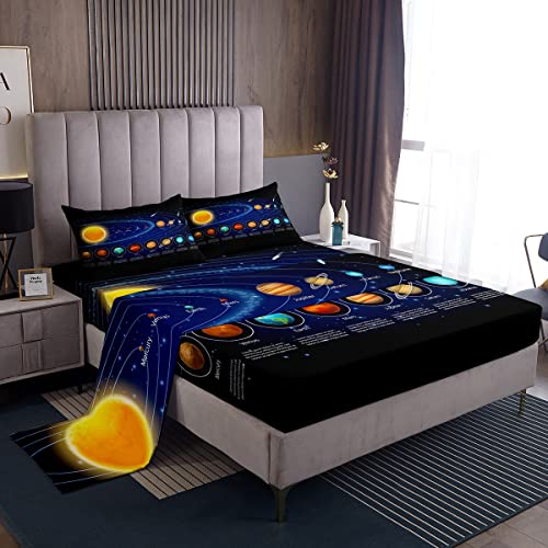 Erosebridal Solar System Sheet Set Twin Galaxy Outer Space Bed Sheets for Kids Boys Teens Giltter Star Universe Planet Fitted Sheet Starry Sky Astronomy Education Room Decor Flat Sheet