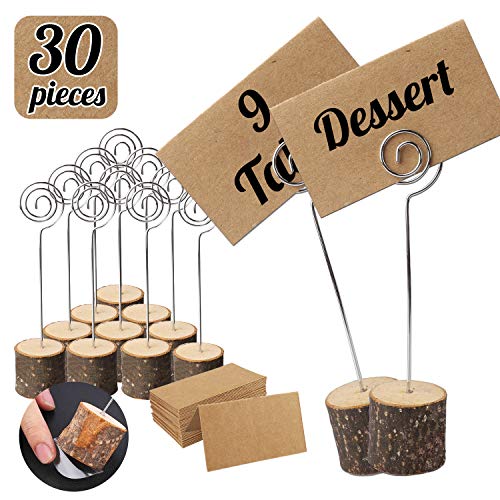 30pcs Rustic Wood Place Card Holders with Swirl Wire, Wooden Base Photo Picture Note Clip Holders, Rustic Table Number Holders with 35pcs Kraft Place Cards Bulk for Wedding Party Name Sign