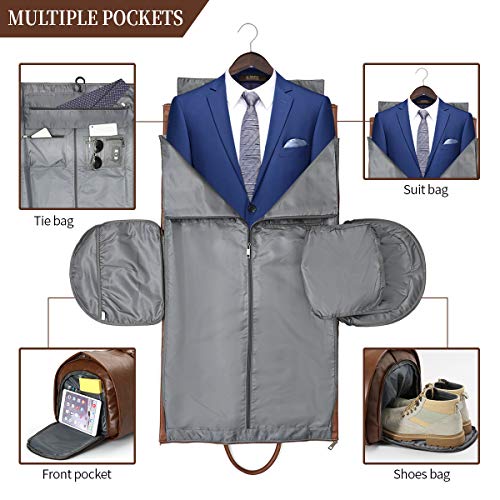 Convertible Leather Garment Bag with Shoes Compartment, Large Carry on Duffel Bag for Men Women - Waterproof Travel Weekender Suit Bag Brown