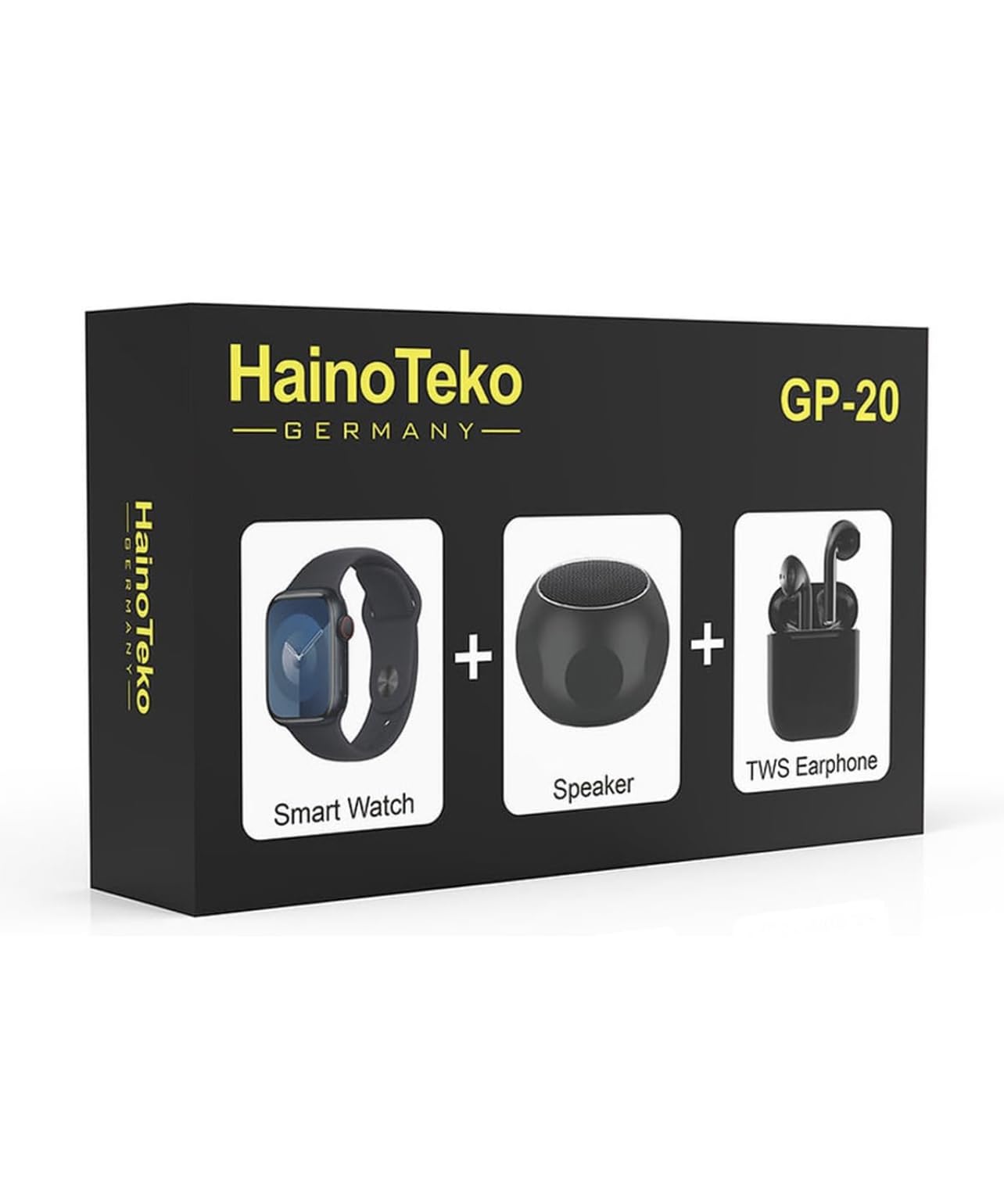 Haino Teko Germany GP20 Full Screen Display Smart Watch With Portable Bluetooth Speaker and Wireless Bluetooth Earphone Combo For Ladies and Gents Black